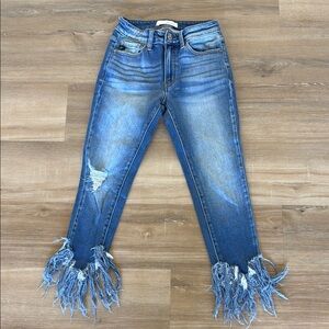 KanCan Blue Cropped Fringe Hem Jeans